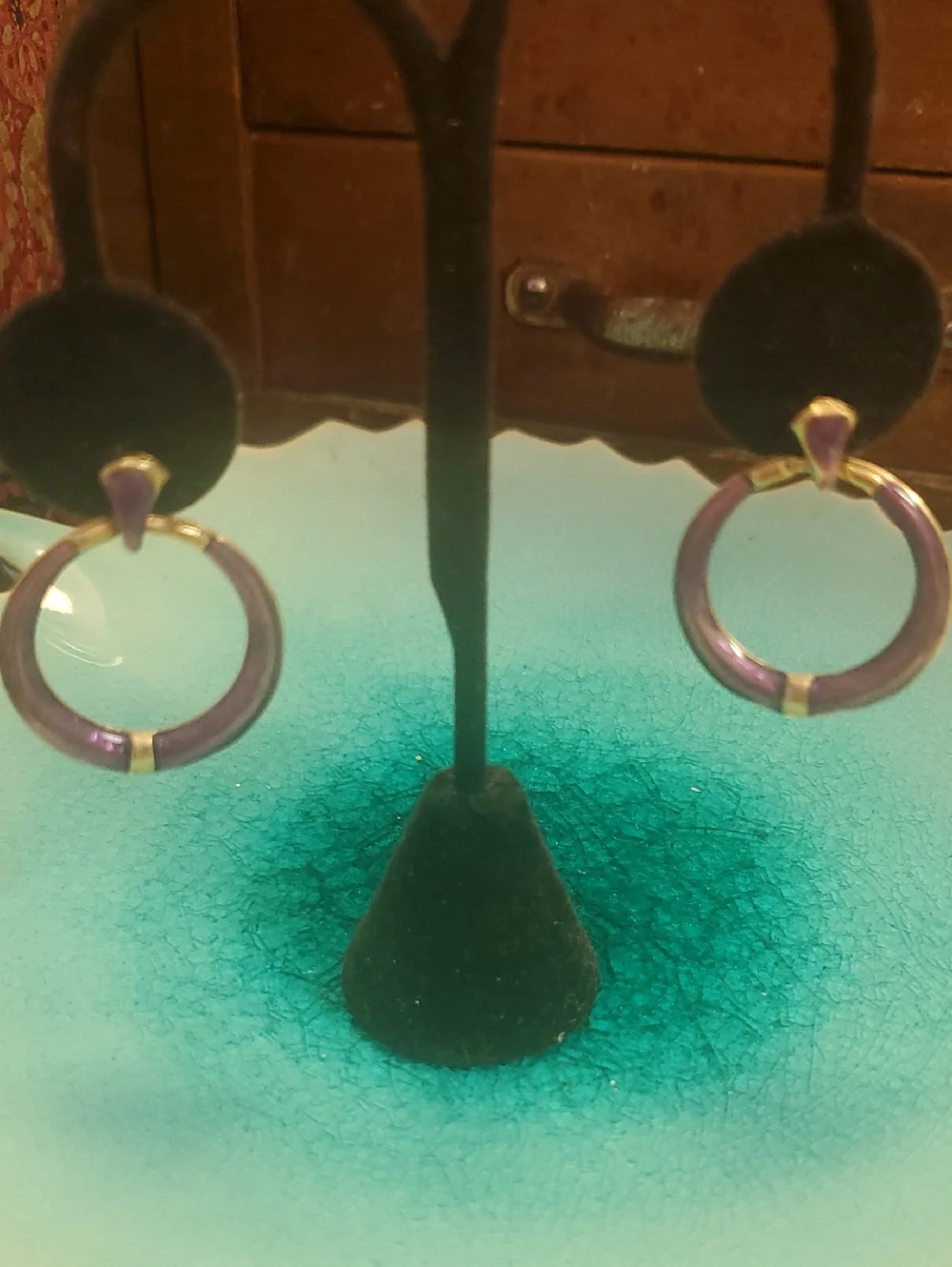 Purple Hoop Drop Earrings with Gold Accents - Women Jewelry